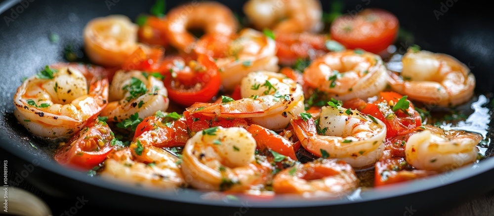 Poster shrimps with tails are sauteed with tomatoes herbs and garlic in olive oil in a black frying pan cre