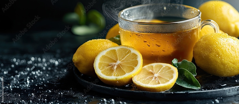 Poster fresh ripe lemons with water droplets and a cup of herbal tea containing a lemon slice placed on a b