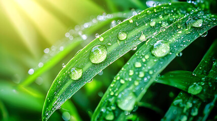 Naklejka premium Dew drops on green grass blades in morning sun.