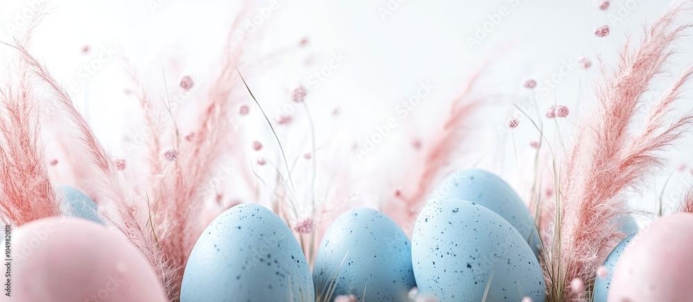 Poster composition featuring blue easter eggs and pink bunny tail grass against a white background selectiv