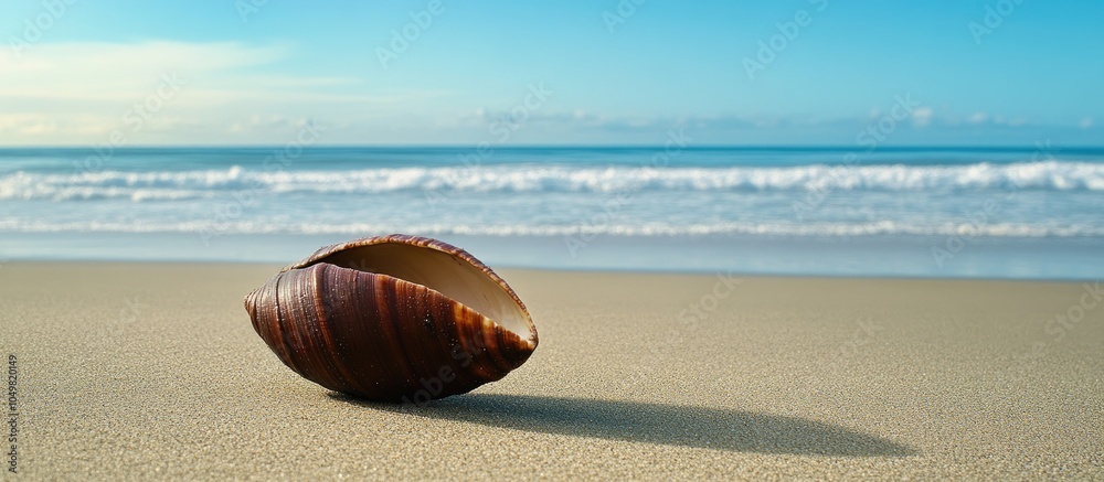 Poster a large dark brown cowry shell rests on its side on the sandy beach at the pacific ocean s edge with