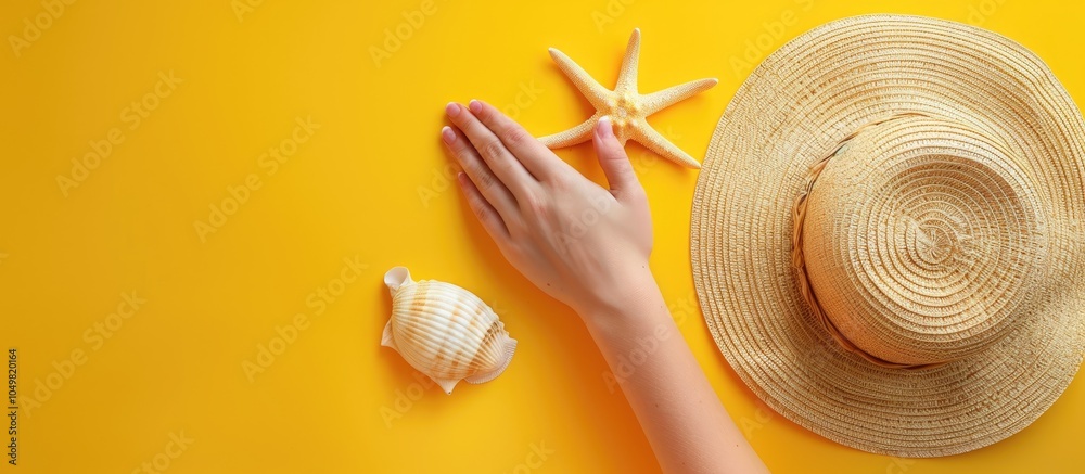Poster Seashell in a woman s hand on a straw hat with a starfish background set on a yellow surface Tropical vacation theme. with copy space image. Place for adding text or design