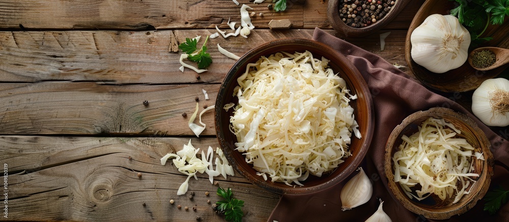 Poster Top view of fermented shredded cabbage in a bowl surrounded by cooking ingredients on a rustic wooden background in a horizontal layout with copyspace