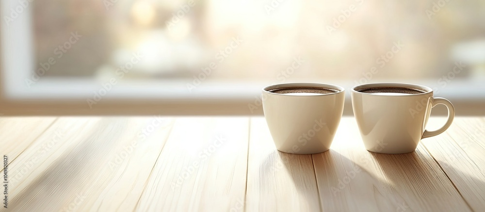 Poster Two delightful cups of coffee sit on the table. with copy space image. Place for adding text or design