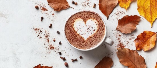 Cocoa latte in a heart shape design surrounded by spices and autumn leaves on a white concrete background Recipe hot beverage idea Top view flat lay copy space mock up layout design