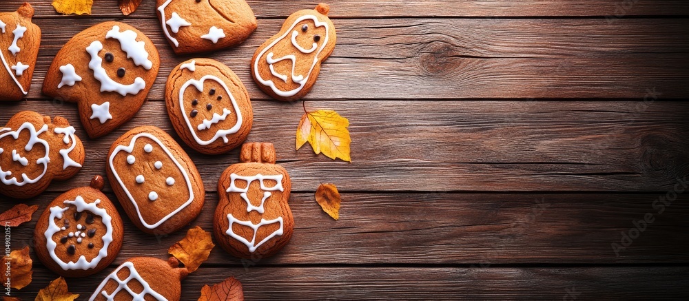 Poster halloween homemade gingerbread cookies on a wooden background. with copy space image. place for addi