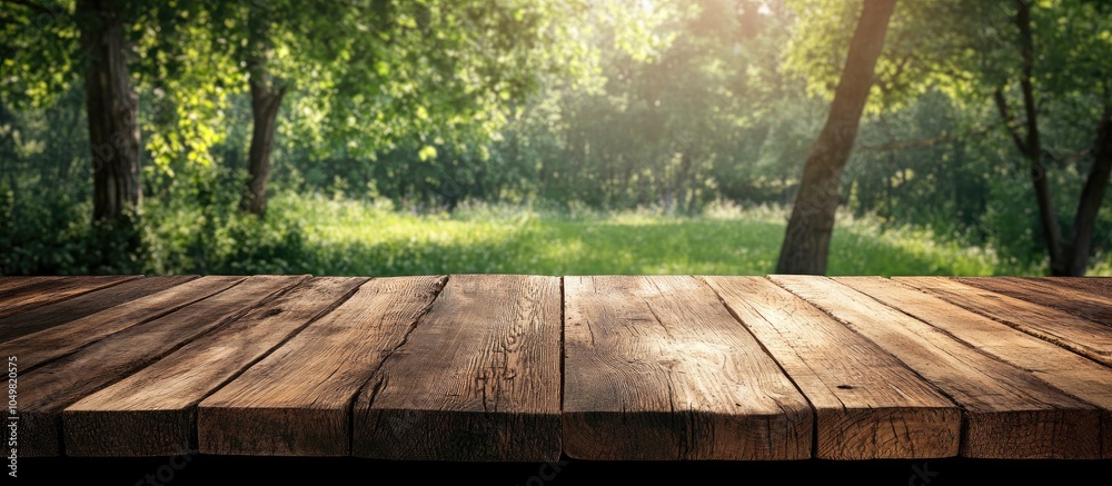 Poster Empty wooden table set against a natural background. with copy space image. Place for adding text or design
