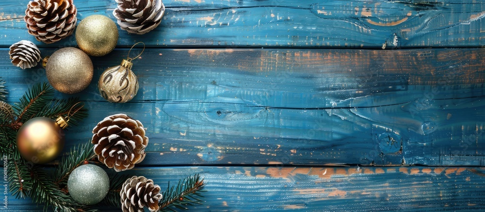 Poster christmas ornaments on a blue wooden surface. with copy space image. place for adding text or design