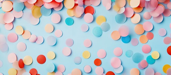 Pastel festive background featuring multicolored confetti Copyspace for your text Flat lay style Top view