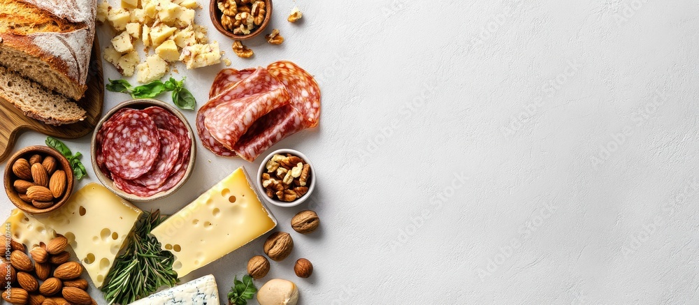 Poster flat lay featuring a variety of food including cheese bread meat and nuts on a light surface. with c