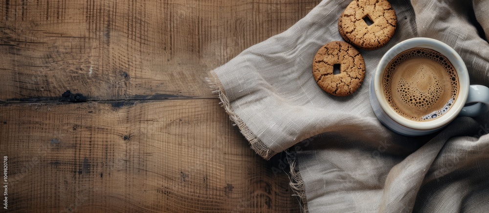 Fototapete top view of espresso coffee accompanied by two cookies on a cloth placed on a wooden table leaving c