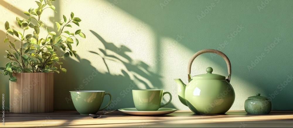 Poster a stylish teapot cup and teaspoon are positioned on a wooden table in the kitchen alongside green te