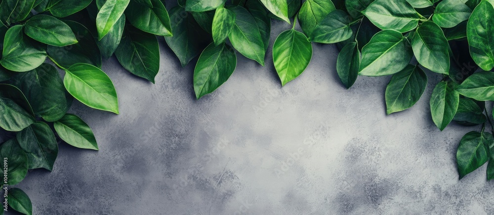 Poster top view of green leaves on a gray background with copy space poster