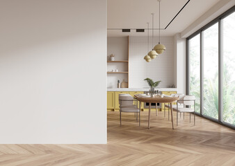 Fototapeta premium Minimalist kitchen with empty wall for mockup. 3D Rendering