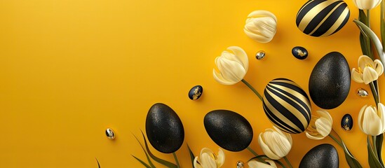Bright Easter greeting card backdrop Stylish black and gold striped Easter eggs decorated with white bunny rabbits and tulip flowers on a vibrant yellow background flat lay copy space