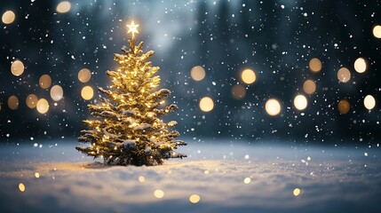 Snow falls gently over a Christmas tree glowing with golden lights, with a soft-focus bokeh of wintry lights in the background.
