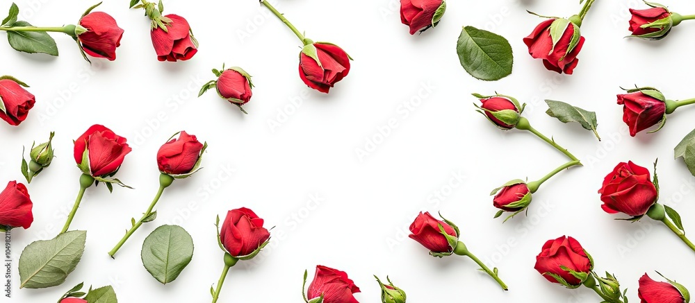Aufkleber pattern of red rose buds on a white background for a floral card. with copy space image. place for a