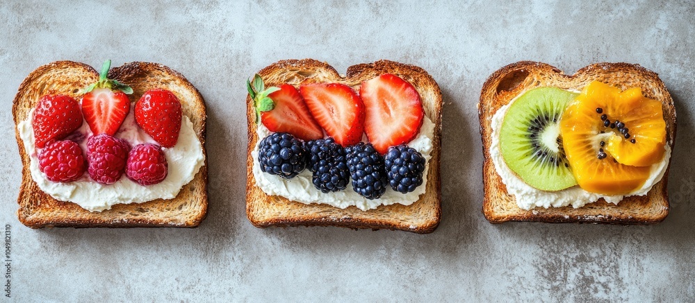 Fototapete Homemade summer toast topped with cream cheese nut butter and fruits and berries seen from above. with copy space image. Place for adding text or design