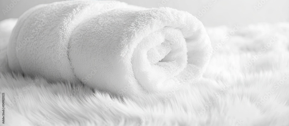 Aufkleber Clean white towel rolled into a blanket showcasing a textured textile A delicate white background composed of smooth plush fur fabric Soft focus image with copy space