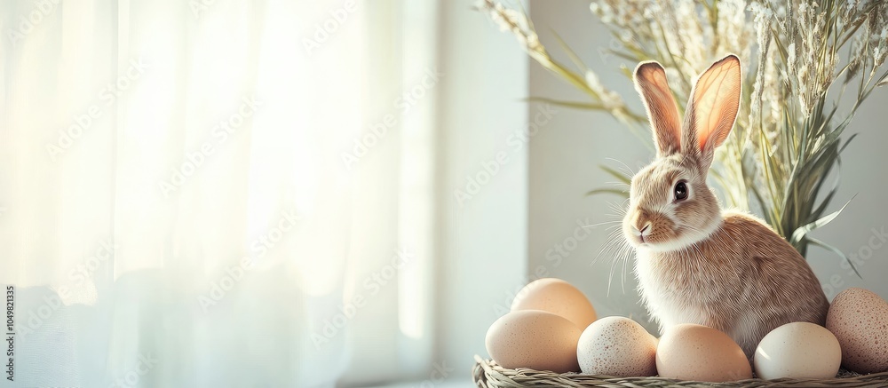 Fototapete easter decor featuring a rabbit and eggs. with copy space image. place for adding text or design