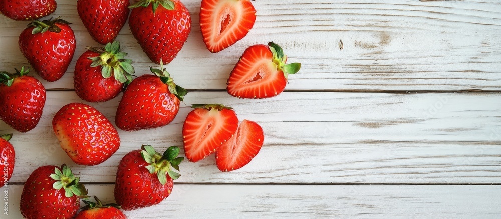 Poster sliced strawberries on a white wooden surface berry background featuring space for text selective fo