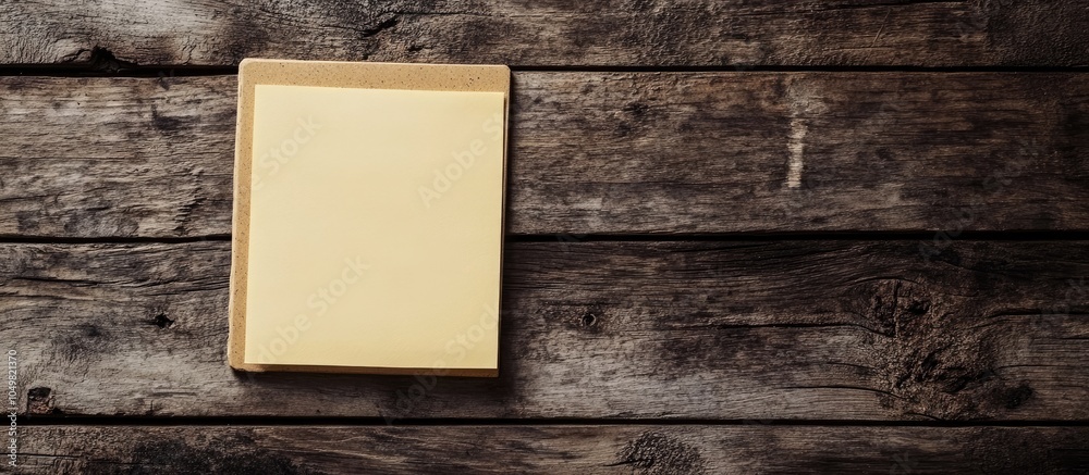 Poster Notepad sticky note with room for text Situated on a weathered wooden floor concept. with copy space image. Place for adding text or design