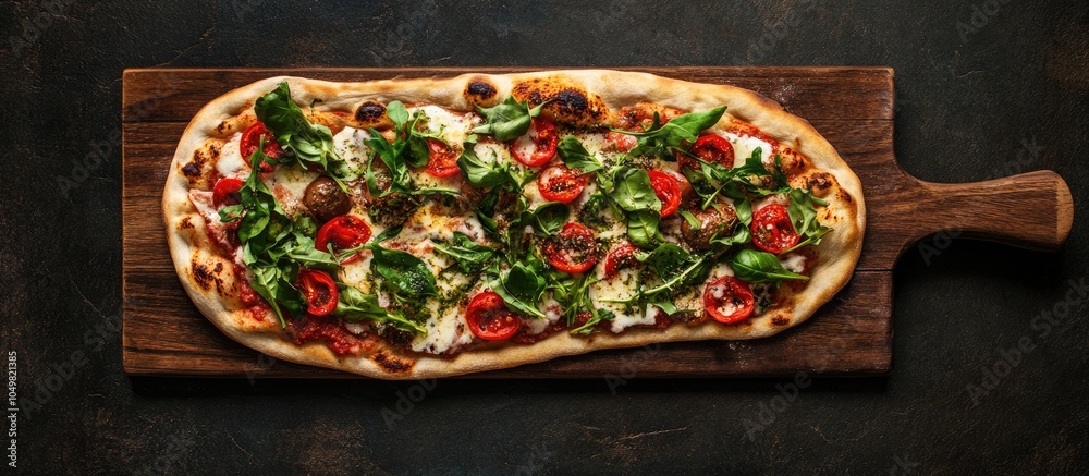 Fototapete flatbread pizza topped with fresh ingredients on a wooden pizza board viewed from above against a da