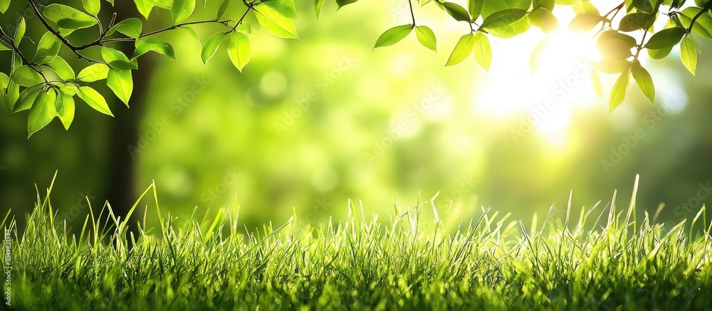 Aufkleber Springtime and growth concept Close up and side view of green grass on a sunny day Sunlight filtering through leaves Economic growth Daylight Natural backdrop with ample copyspace