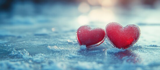 Fototapeta premium Red hearts on the frozen surface. with copy space image. Place for adding text or design