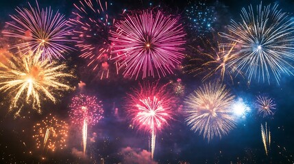 Naklejka premium The crowd's collective amazement as colorful fireworks burst into the night sky, marking the New Year.