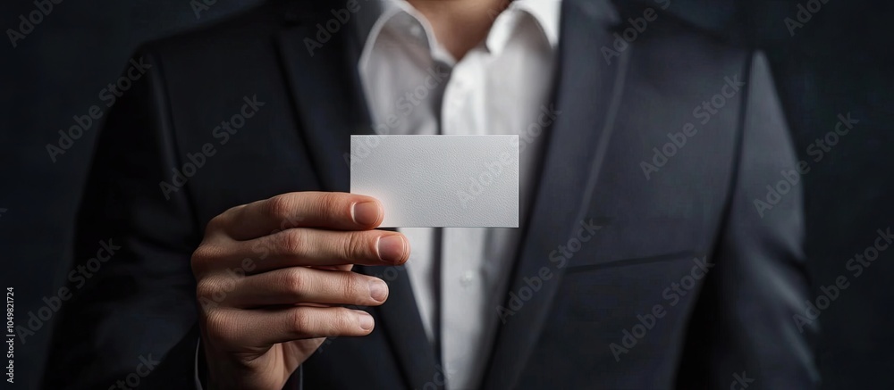 Poster Portrait of a businessman displaying a business card. with copy space image. Place for adding text or design