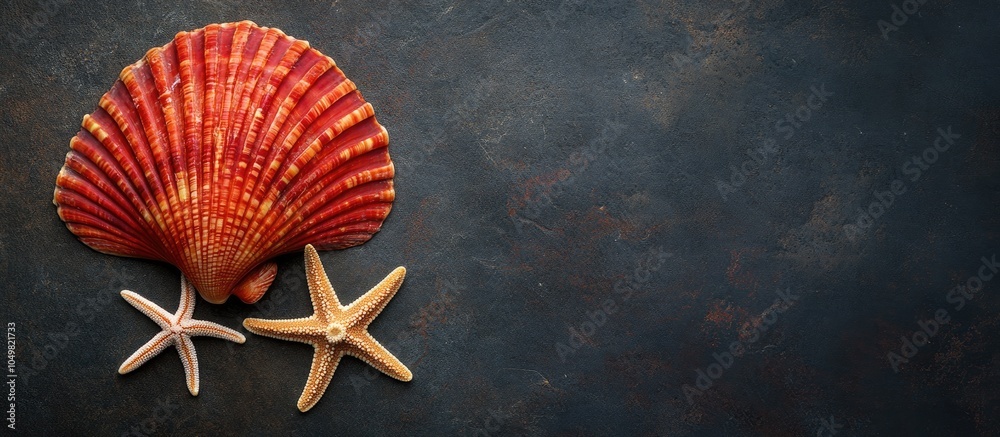 Fototapete red seashell and starfish. with copy space image. Place for adding text or design
