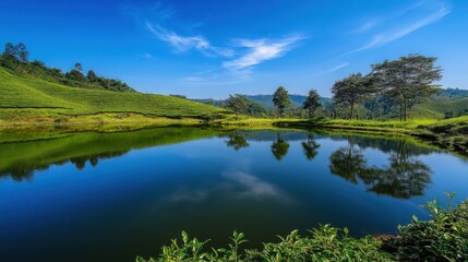 A tranquil pond surrounded by tea plantations in Muzangchai, reflecting the lush greenery