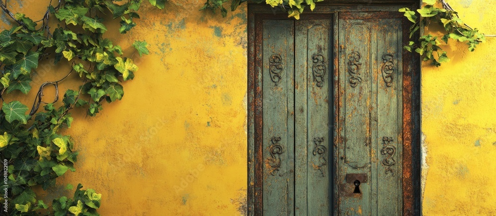 Poster A weathered decorative iron door with rust and a padlock adorned with green vines against a yellow wall. with copy space image. Place for adding text or design