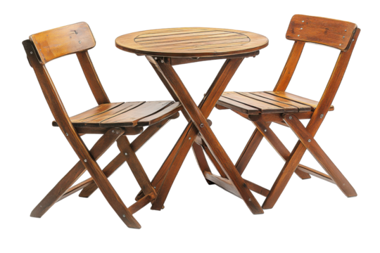 Wooden bistro set with round table and chairs.