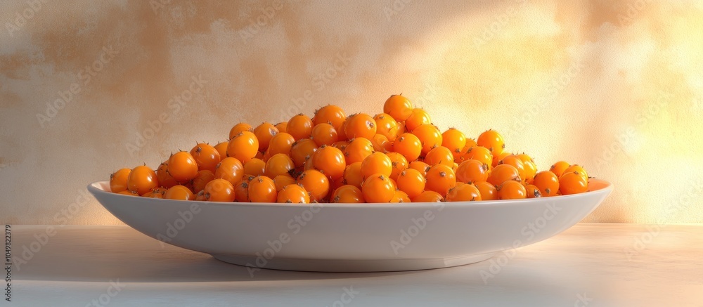Poster A deep white plate containing sea buckthorn berries Viewed from the side Set against a two tone background. with copy space image. Place for adding text or design