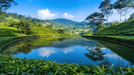 Obraz premium A tranquil pond surrounded by tea plantations in Muzangchai, reflecting the lush greenery