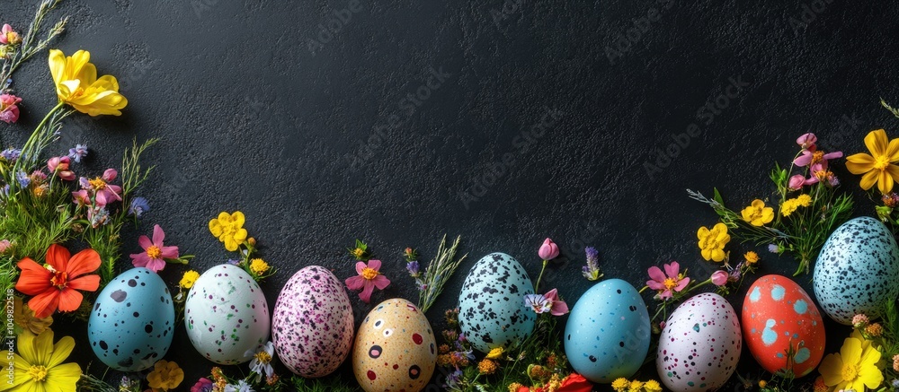 Leinwandbilder Spring flowers and vibrant Easter eggs create a frame. with copy space image. Place for adding text or design
