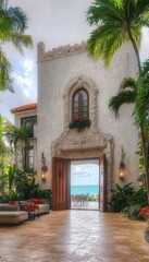 Fototapeta premium Elegant Mediterranean Estate Entrance Inviting View Tranquil Ocean Water Palm Luxury Oceanfront