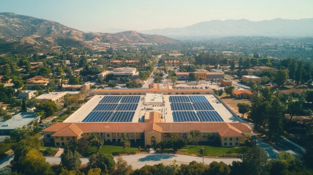 Solar panels on rooftop of a campus building.