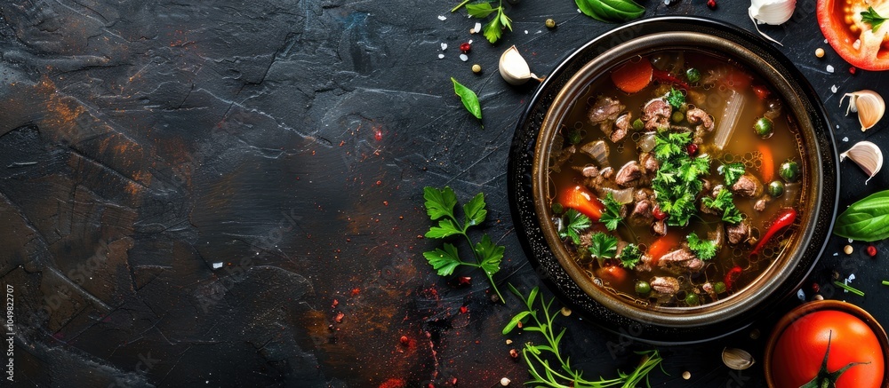 Aufkleber soup or broth with liver and vegetables tasty first course menu idea food backdrop copy space top vi
