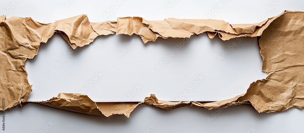 Poster Brown packaging paper torn to uncover a white panel. with copy space image. Place for adding text or design