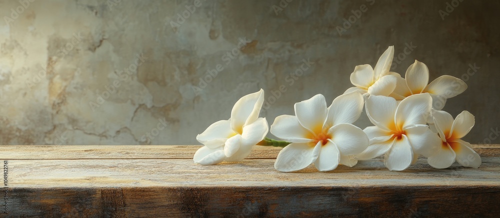 Fototapete plumeria flowers placed on the vintage style old table. with copy space image. place for adding text