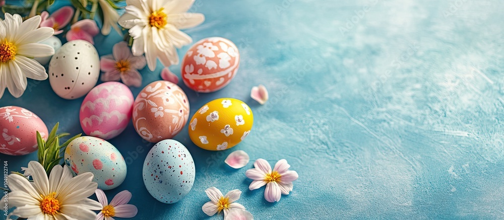 Leinwandbilder easter greeting card featuring vibrant easter eggs and flowers top view flat lay with room for your 