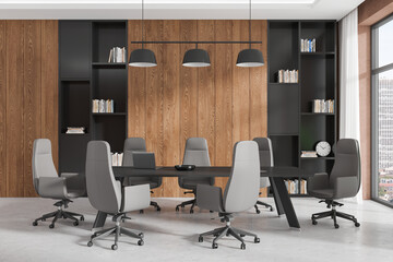 Modern office meeting room with chairs and bookshelf background. 3D Rendering