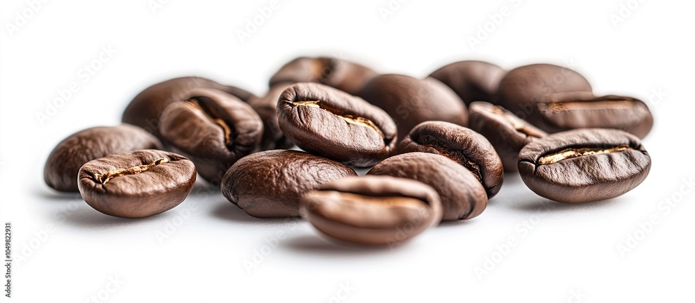 Aufkleber roasted coffee beans on white wide depth of field captured with tilt shift lens. with copy space image. Place for adding text or design