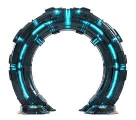 Futuristic glowing portal with blue lights, isolated on transparent cutout background