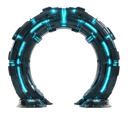 Futuristic glowing portal with blue lights, isolated on transparent cutout background