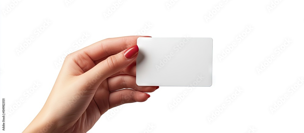 Poster card in a woman s hand isolated on white. with copy space image. Place for adding text or design