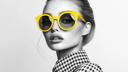 model wearing glasses with yellow frames